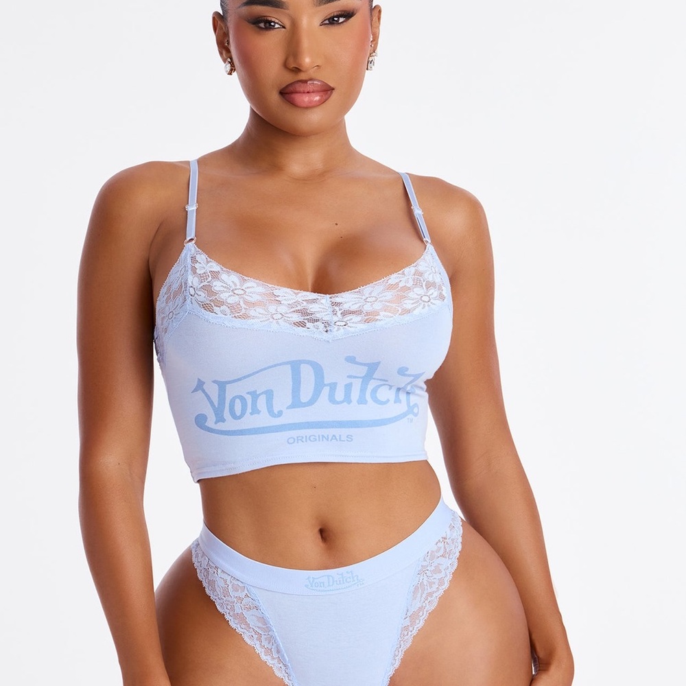 Von Dutch Light Blue Lace Bralette & Matching Thong Set